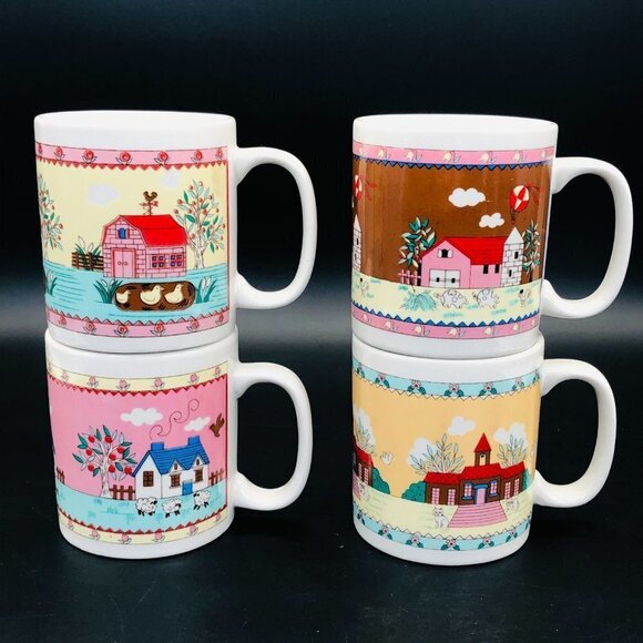 80s Country Cottage Stoneware Coffee Mugs Set of 4 Teachercore Drinkware - Picture 2 of 10